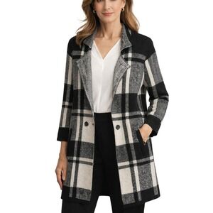 Pendleton 100% Merino Wool Long Cardigan Sweater PS‎ Plaid Black Ivory NWOT